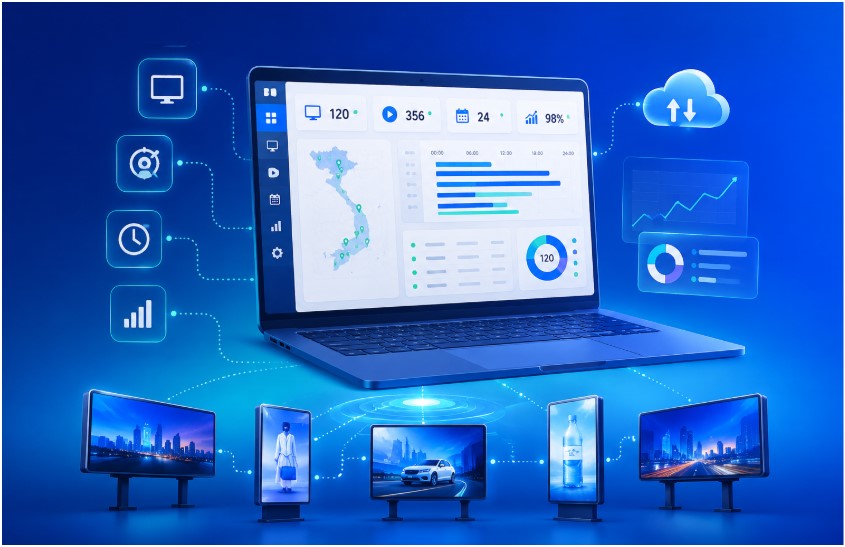CMS thông minh kết nối, quản trị và tối ưu toàn bộ hệ thống DOOH theo thời gian thực.