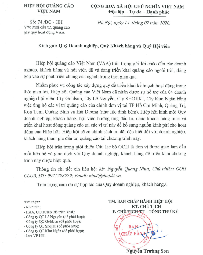 CÔNG VĂN MỜI ĐẦU TƯ, QUẢNG CÁO GÂY QUỸ HOẠT ĐỘNG VAA